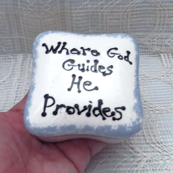 Handmade Ceramic Square Trinket Dish White and Blue Lidded With Message - Picture 8 of 9
